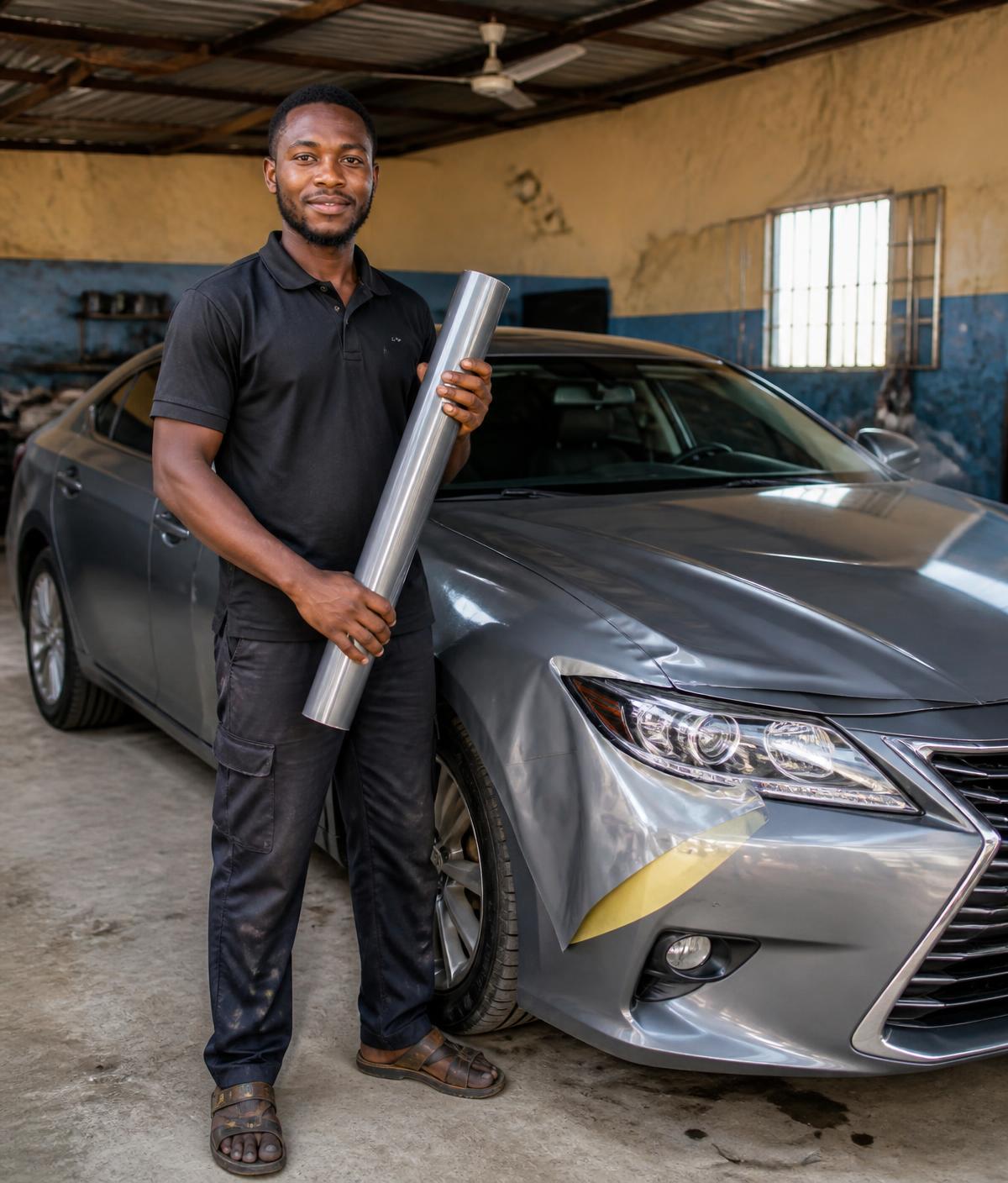 Izzy Wrapping technician standing beside a vehicle with a roll of wrapping film