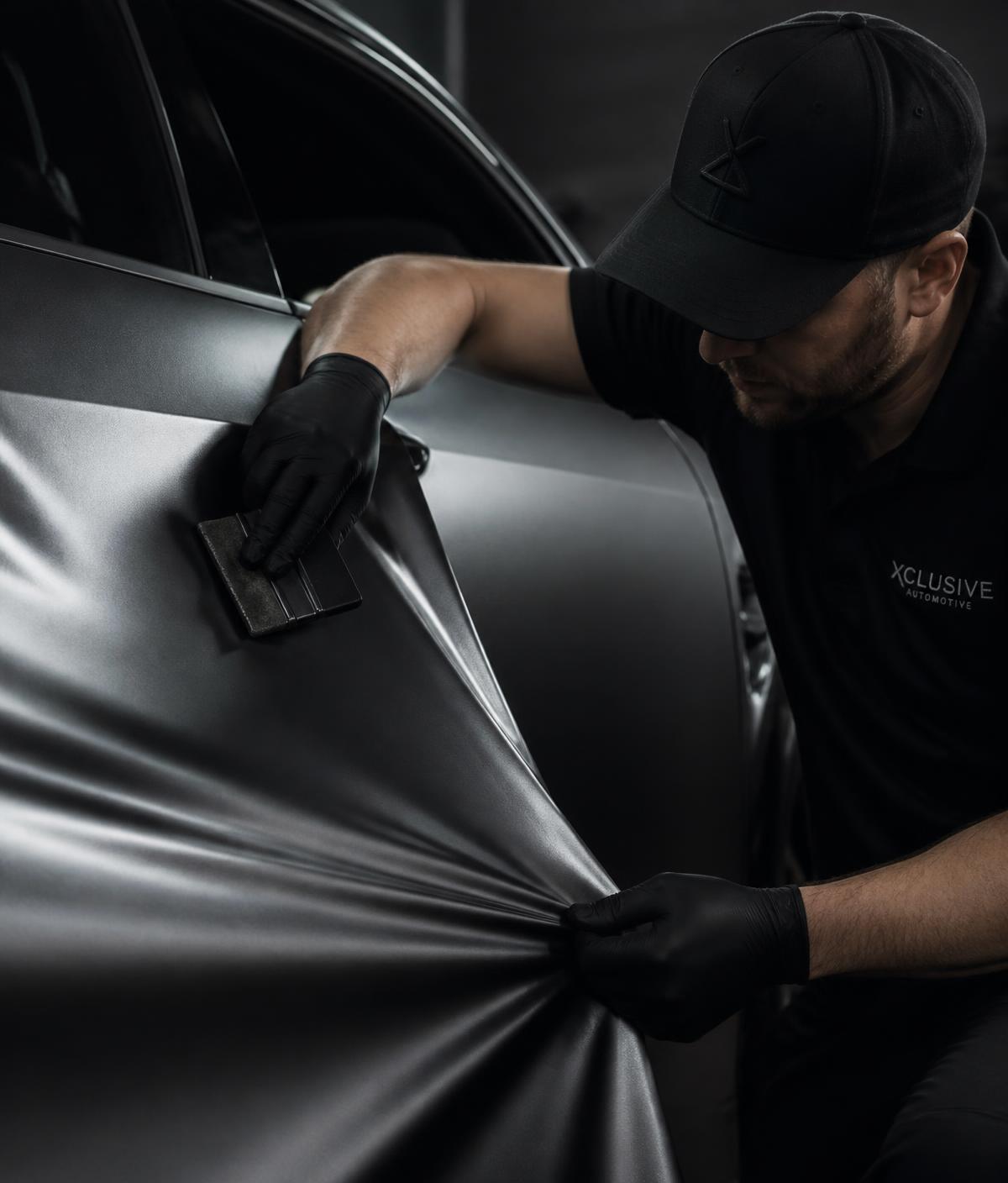Installer applying automotive wrapping film to a vehicle panel