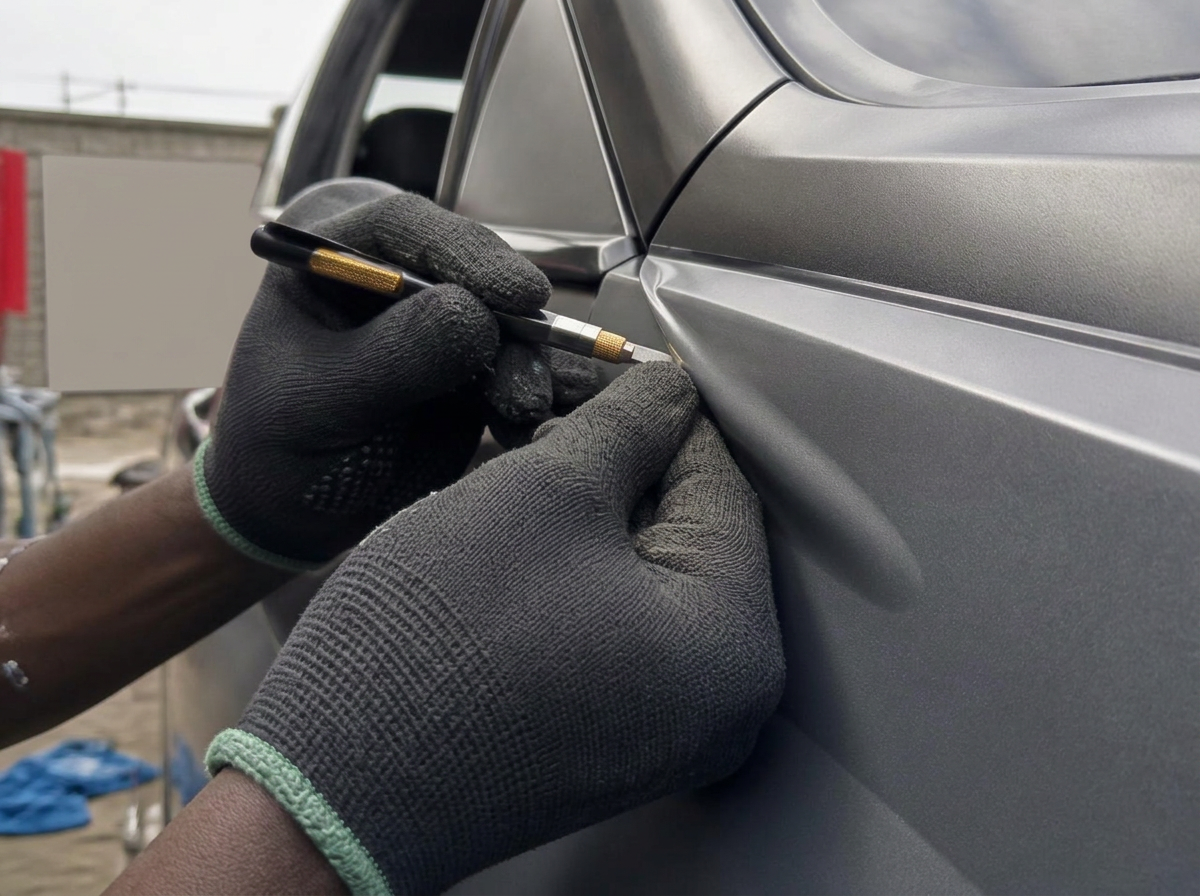 Close-up of automotive film being trimmed along a body line