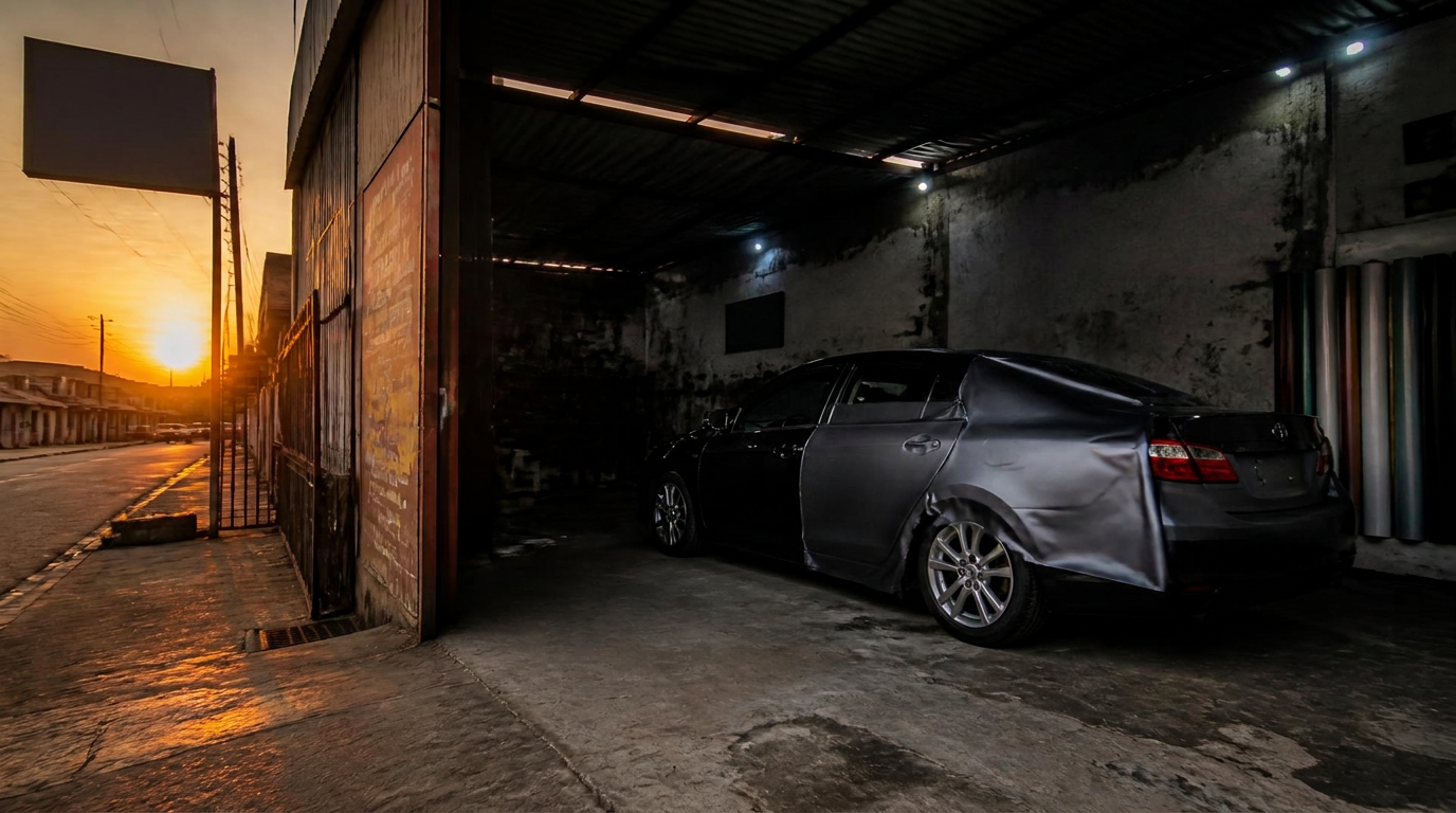 Vehicle wrapping workshop at dusk