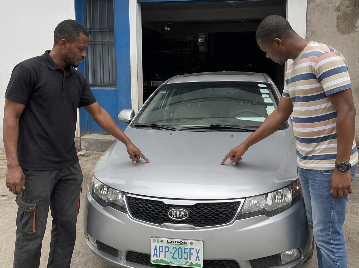 Technician inspecting a vehicle with a customer