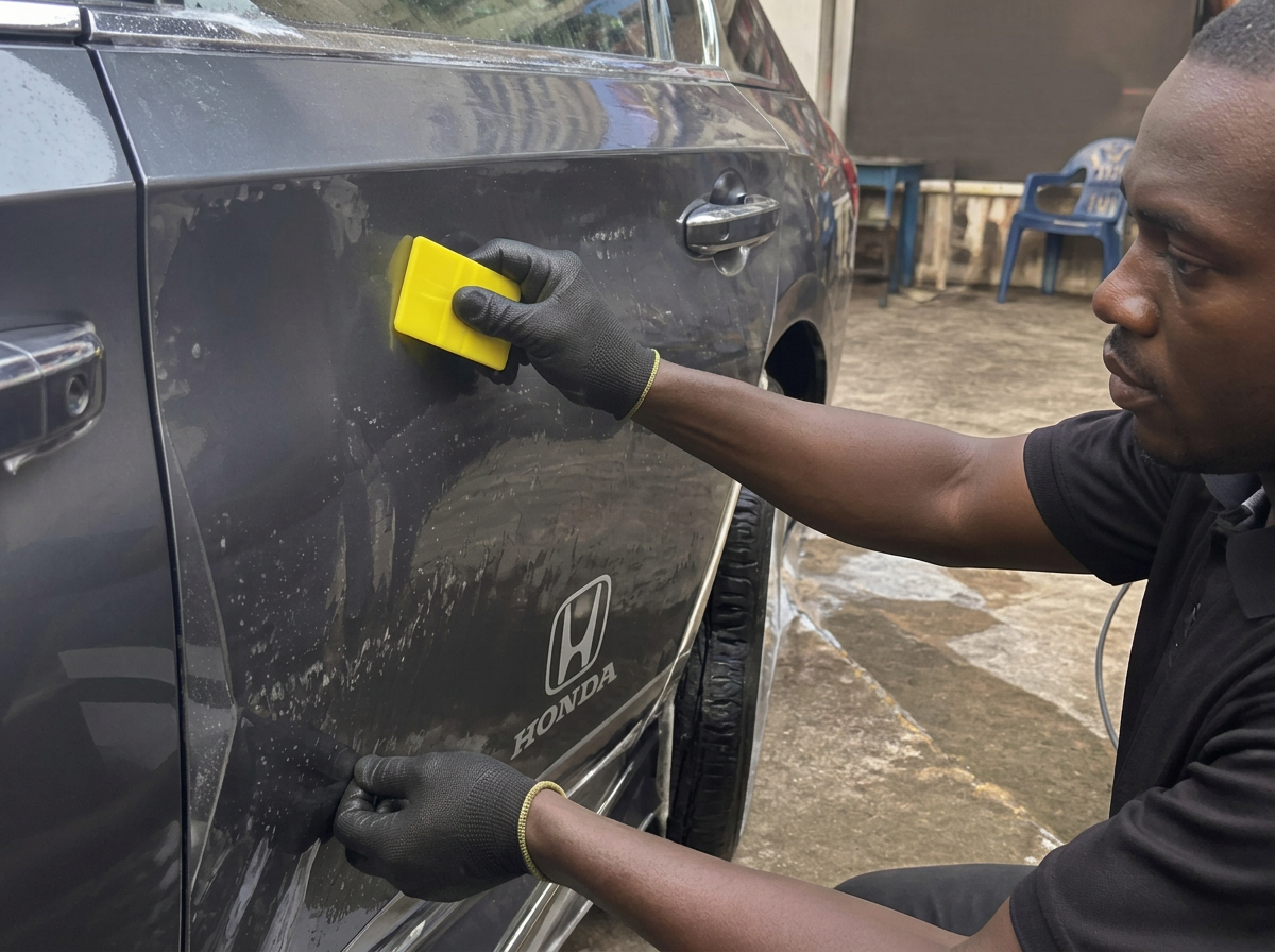Technician using a squeegee to apply automotive film to a car door